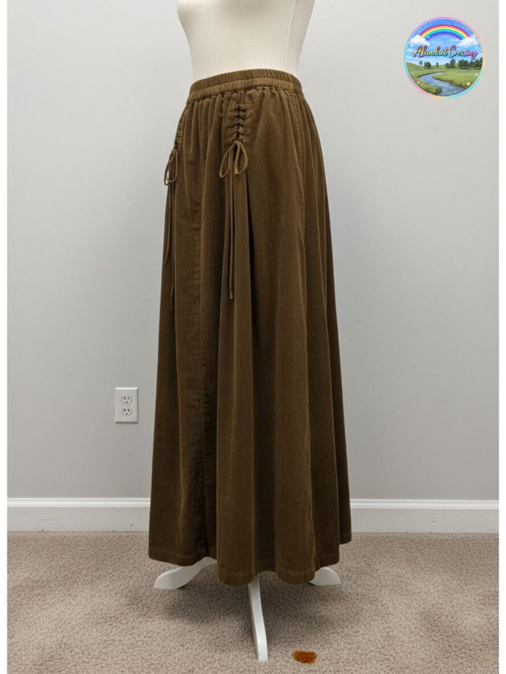 Corduroy Maxi Skirt Elastic High Waist Drawstring A-Line Pleated Pockets